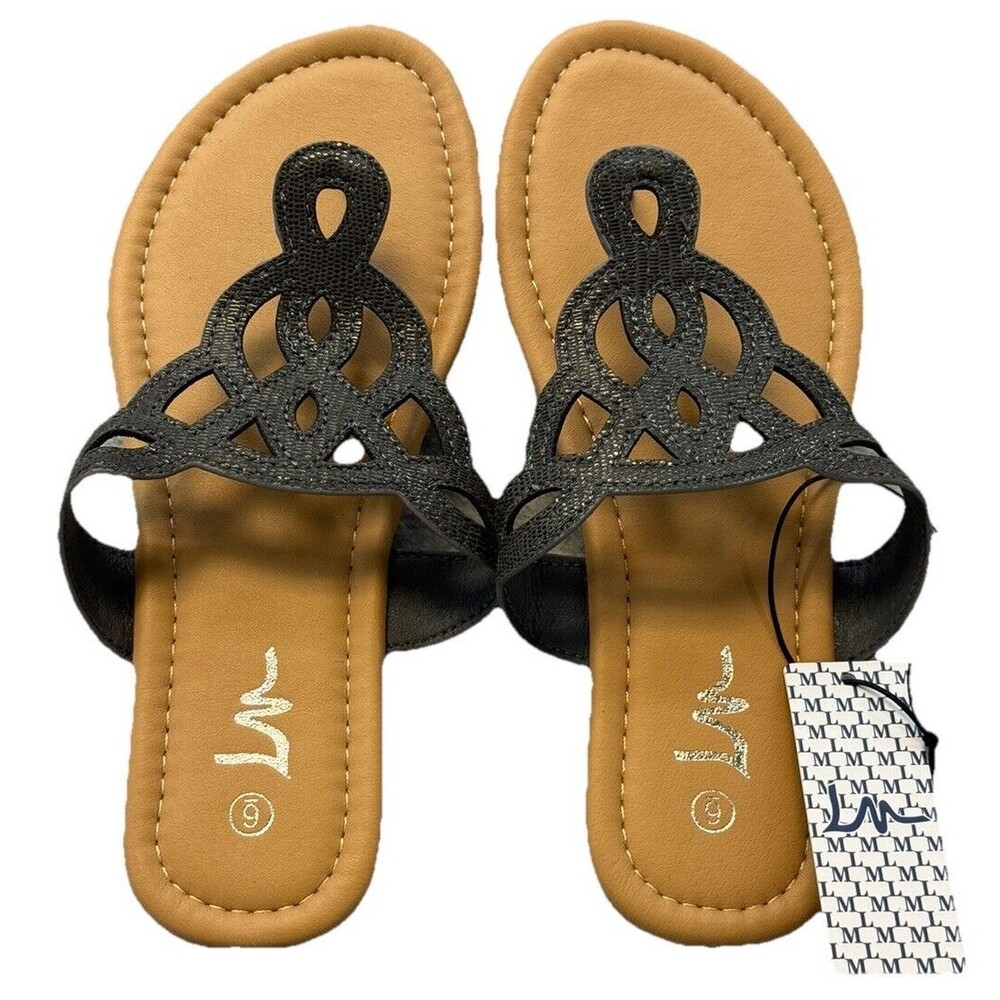 LM Women's Thong Sandals T-Strap Sandals Slip On Flat Black Size 6 NWT Flip Flop